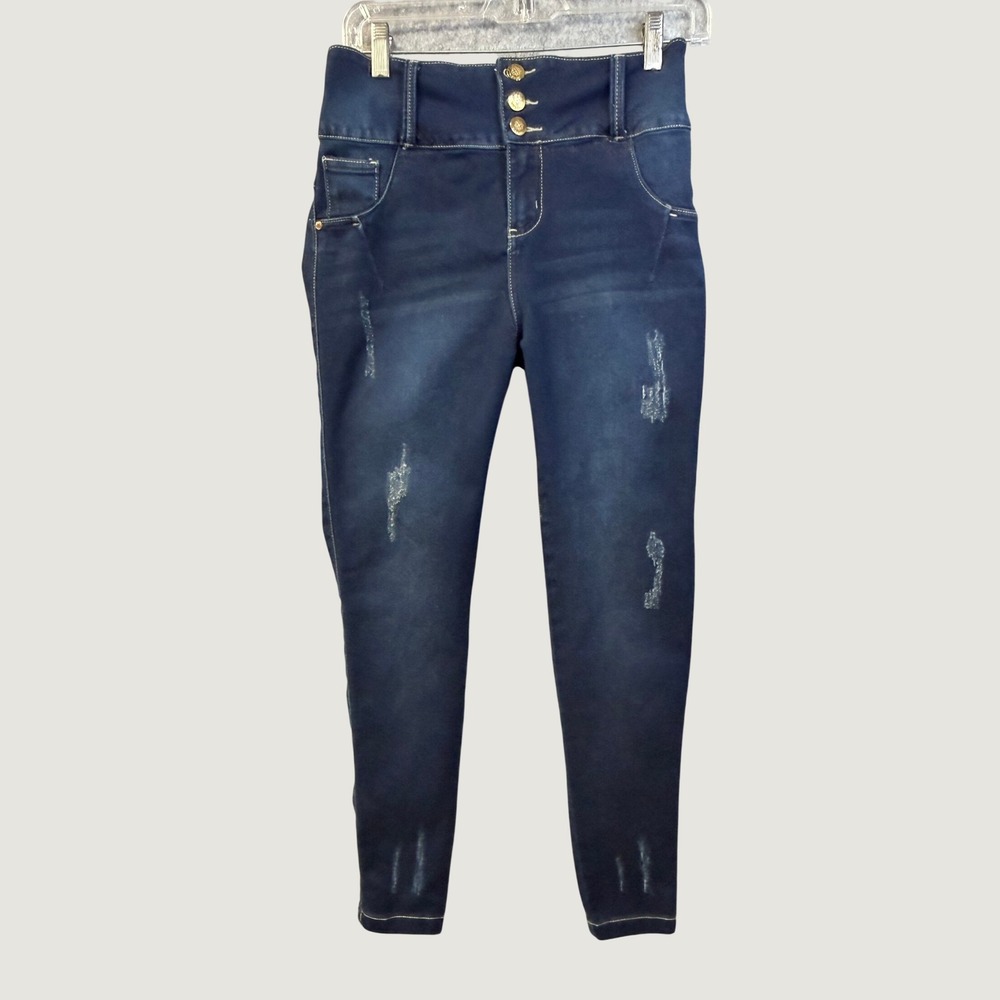 Tissini Womens High‎ Waisted Skinny Jeans Dark Wash Distressed Triple Button 29